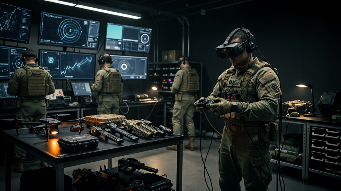 Impressie van het Future of War X-Lab met simulatoren en onbemande systemen